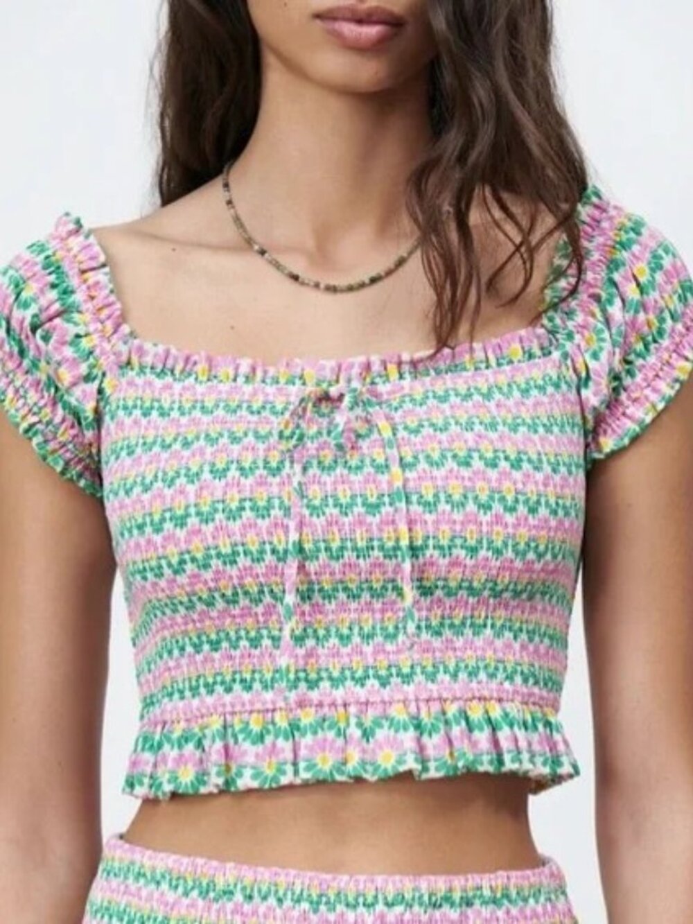ZARA Sz S Smocked Stretch Cropped Top Ruffle Hem Mod Boho Floral Print